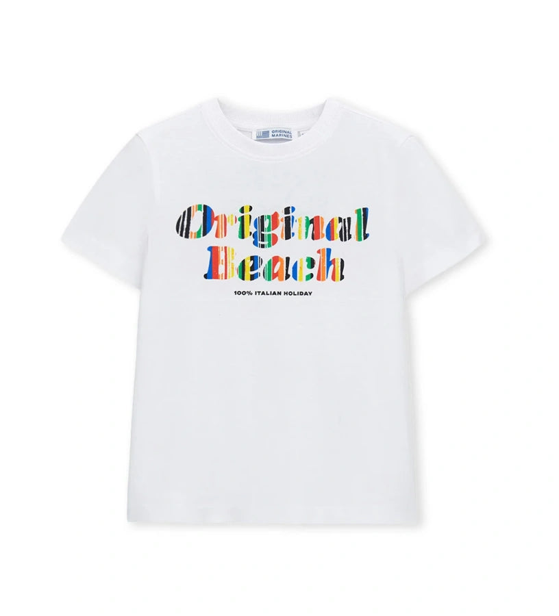 Παιδικό λευκό βαμβακερό T-shirt για αγόρι 5-14 ετών με τύπωμα Surf-Skate Original Marines.