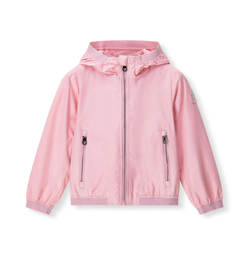 Παιδικό αντιανεμικό μπουφάν για κορίτσι σε ροζ χρώμα με κουκούλα και lurex άκρες.