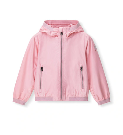 Παιδικό αντιανεμικό μπουφάν για κορίτσι σε ροζ χρώμα με κουκούλα και lurex άκρες.