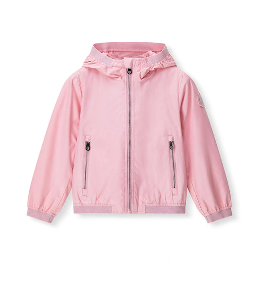 Παιδικό αντιανεμικό μπουφάν για κορίτσι σε ροζ χρώμα με κουκούλα και lurex άκρες.