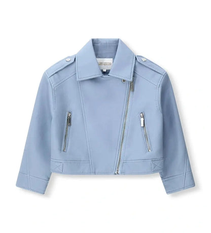 Παιδικό μπουφάν biker για κορίτσι από μαύρη δερματίνη με μεταλλικό φερμουάρ.