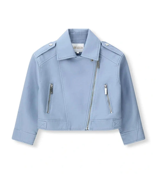 Παιδικό μπουφάν biker για κορίτσι από μαύρη δερματίνη με μεταλλικό φερμουάρ.