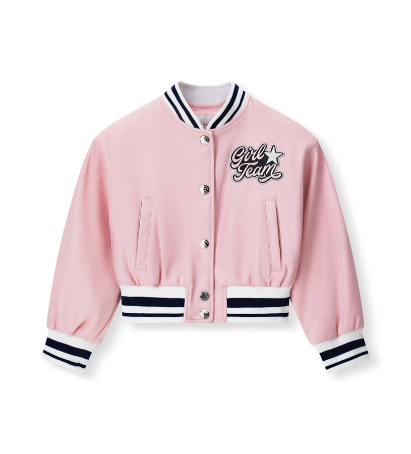 Κοριτσίστικο ροζ bomber jacket από δερματίνη Original Marines με κεντημένο σήμα και κουμπιά.