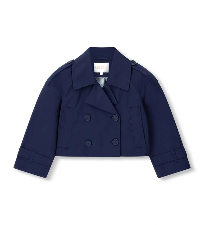 Παιδική καμπαρντίνα για κορίτσι σε μπλε χρώμα με σταυρωτό κούμπωμα.