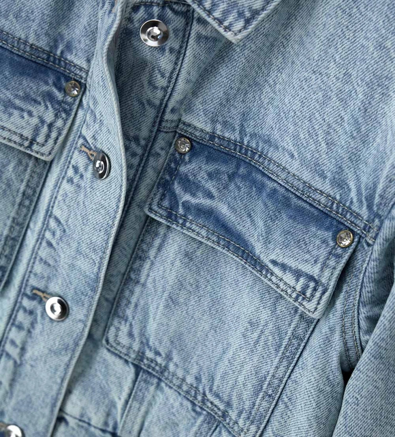 Γαλάζιο τζιν μπουφάν Original Marines κοριτσιού 5–14 ετών με rhinestone λογότυπο και κόσμημα κουμπιά για το σχολείο και casual εξόδους