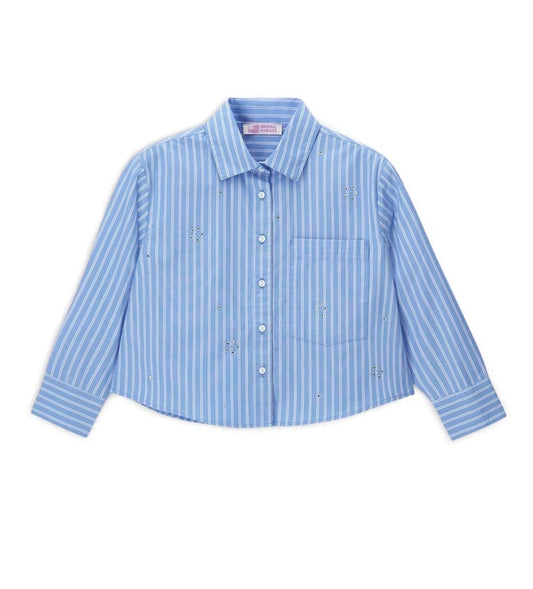 Κοριτσίστικο μπλε-λευκό ριγέ πουκάμισο Original Marines με κεντημένα λουλούδια και στρας.