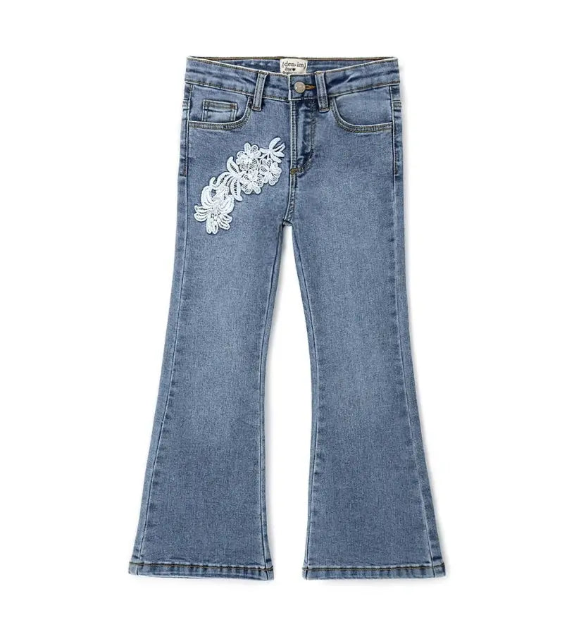 Κοριτσίστικο τζιν παντελόνι καμπάνα Original Marines με 5 τσέπες και διακοσμητικό σχέδιο.