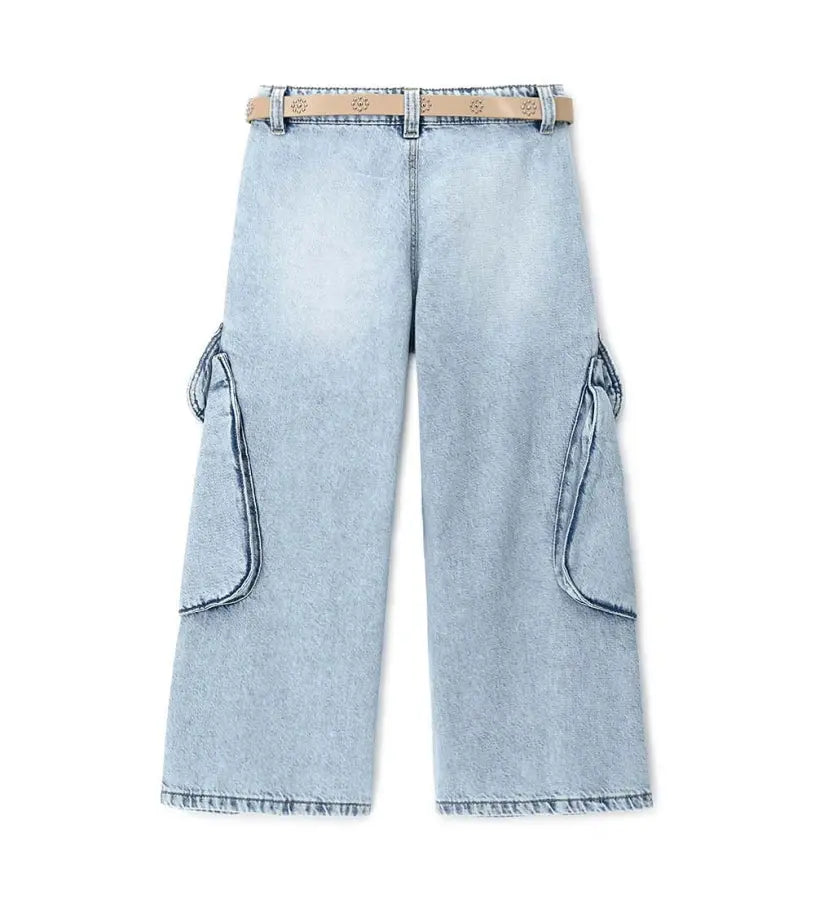 Πίσω όψη από το Παιδικό τζιν παντελόνι για κορίτσι με πλευρικές τσέπες και ζώνη με τρουκς.