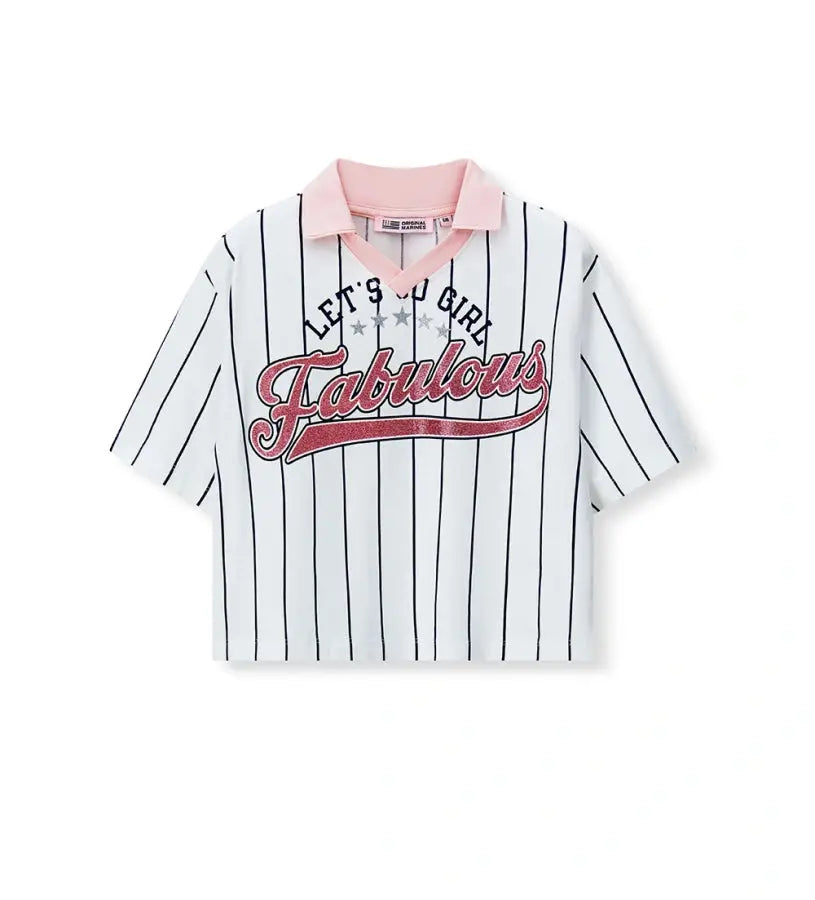 Παιδικό T-shirt για κορίτσι με ρίγες και ροζ γιακά πόλο.