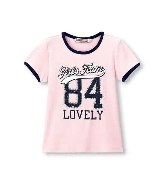 Παιδικό T-shirt για κορίτσι κοντομάνικο με τύπωμα και λαμπερά στρασάκια.