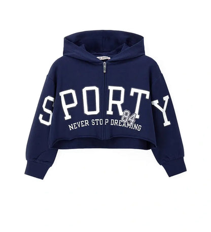 Παιδική ζακέτα για κορίτσι σε μπλε σκούρο χρώμα με λευκά γράμματα Sporty.