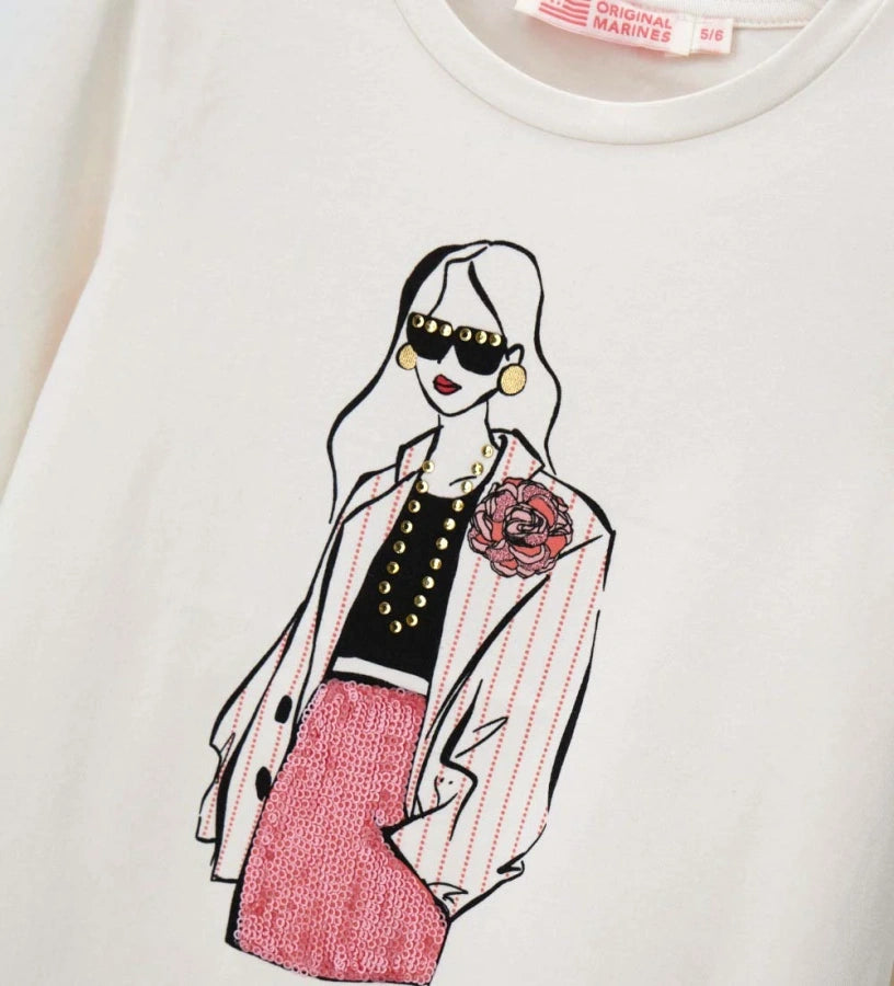 Παιδικό T-shirt για κορίτσι μακρυμάνικο σε λευκό χρώμα με λαμπερό τύπωμα και στρας.