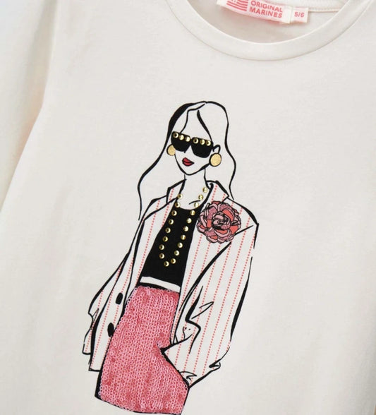 Παιδικό T-shirt για κορίτσι μακρυμάνικο σε λευκό χρώμα με λαμπερό τύπωμα και στρας.