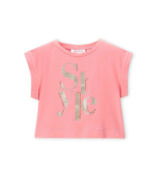 Παιδικό κοντομάνικο T-shirt για κορίτσι σε κοραλί χρώμα με λαμπερό τύπωμα από στρας.