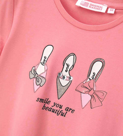 Παιδικό T-shirt για κορίτσι σε ροζ χρώμα με glitter τύπωμα και στρασάκια.