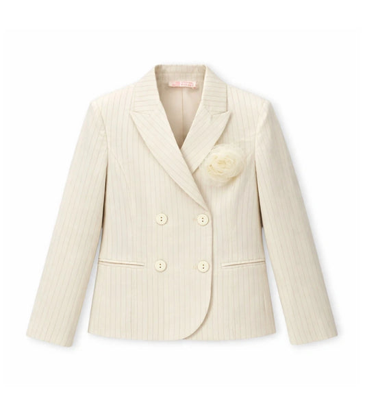 Παιδικό blazer για κορίτσι σταυρωτό με ριγέ σχέδιο και λουλούδι από τούλι στο πέτο.
