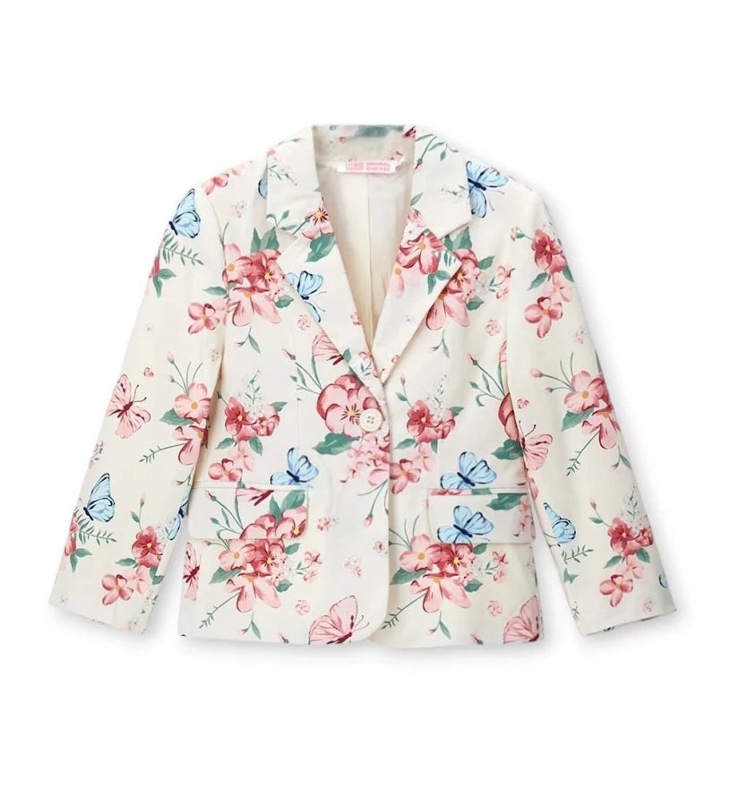 Παιδικό σακάκι blazer για κορίτσι με πολύχρωμο τύπωμα λουλούδια και πεταλούδες σε λευκό φόντο.