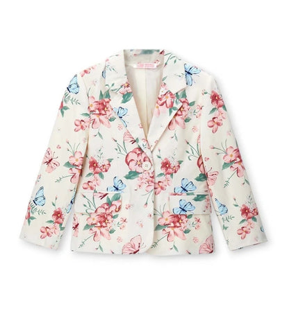 Παιδικό σακάκι blazer για κορίτσι με πολύχρωμο τύπωμα λουλούδια και πεταλούδες σε λευκό φόντο.
