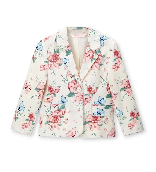 Παιδικό σακάκι blazer για κορίτσι με πολύχρωμο τύπωμα λουλούδια και πεταλούδες σε λευκό φόντο.