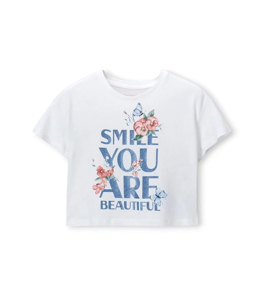 Λευκό παιδικό T-shirt για κορίτσι από 100% βαμβάκι με πολύχρωμο τύπωμα γκλίτερ.