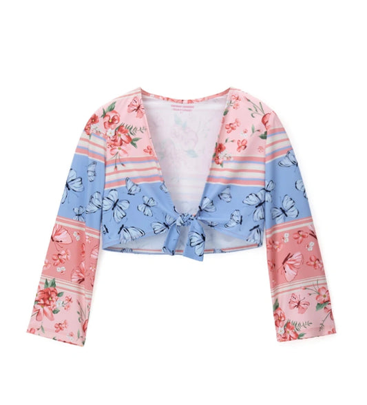 Παιδικό μακρυμάνικο μπολερό για κορίτσι με πολύχρωμο φλοράλ τύπωμα και πεταλούδες.