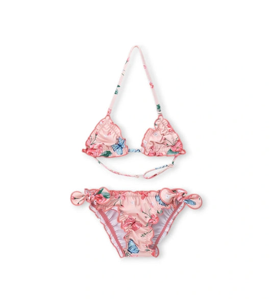 Παιδικό μπικίνι για κορίτσι λευκό με πολύχρωμο τύπωμα λουλούδια και πεταλούδες.