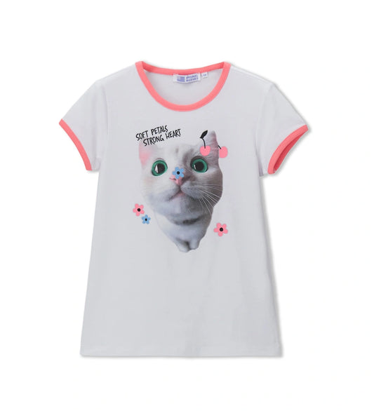 Παιδικό λευκό T-shirt για κορίτσι με τύπωμα γατάκι και ροζ ριμπ λεπτομέρειες Original Marines.