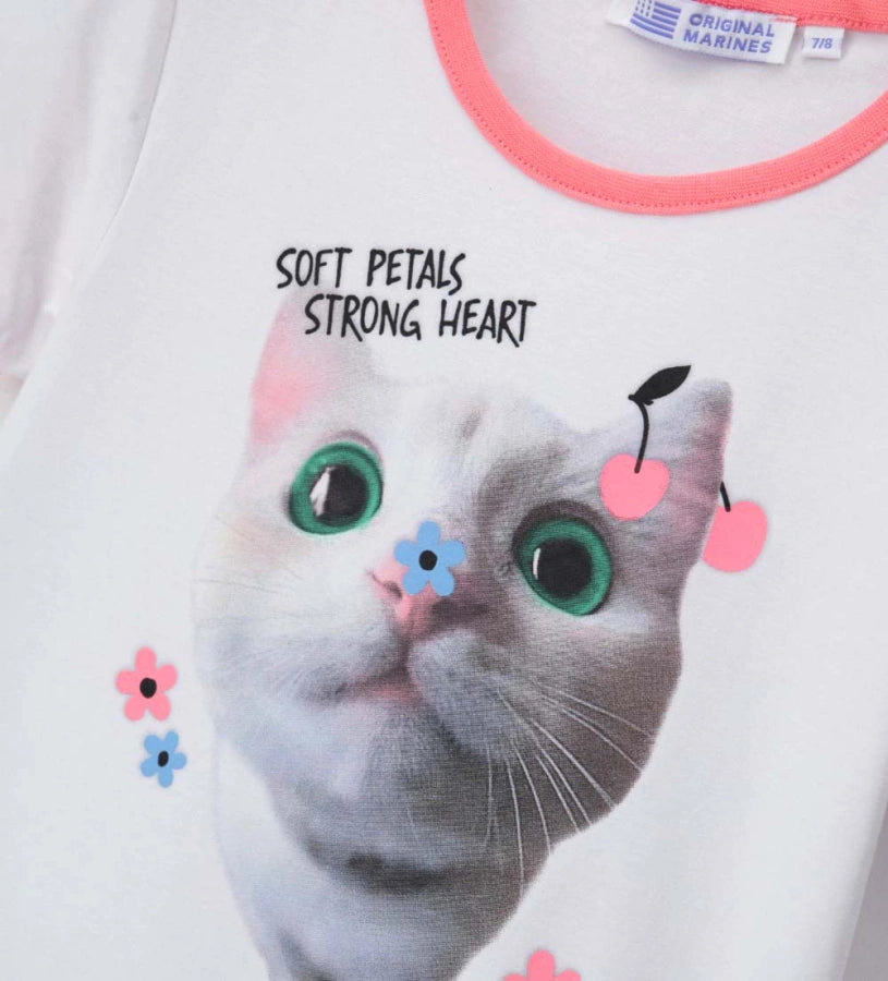 Παιδικό λευκό T-shirt για κορίτσι με τύπωμα γατάκι και ροζ ριμπ λεπτομέρειες Original Marines.