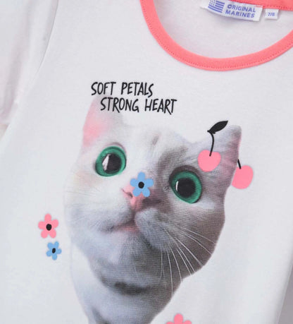 Παιδικό λευκό T-shirt για κορίτσι με τύπωμα γατάκι και ροζ ριμπ λεπτομέρειες Original Marines.