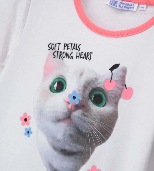 Παιδικό λευκό T-shirt για κορίτσι με τύπωμα γατάκι και ροζ ριμπ λεπτομέρειες Original Marines.