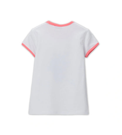 Παιδικό λευκό T-shirt για κορίτσι με τύπωμα γατάκι και ροζ ριμπ λεπτομέρειες Original Marines.
