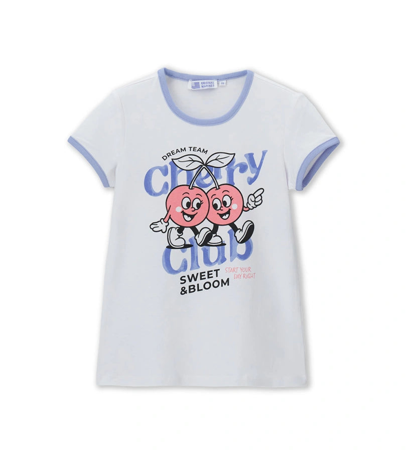 Παιδικό λευκό T-shirt για κορίτσι με τύπωμα κεράσια και γαλάζιες ριμπ λεπτομέρειες Original Marines.