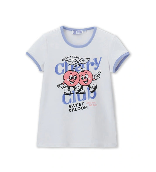 Παιδικό λευκό T-shirt για κορίτσι με τύπωμα κεράσια και γαλάζιες ριμπ λεπτομέρειες Original Marines.