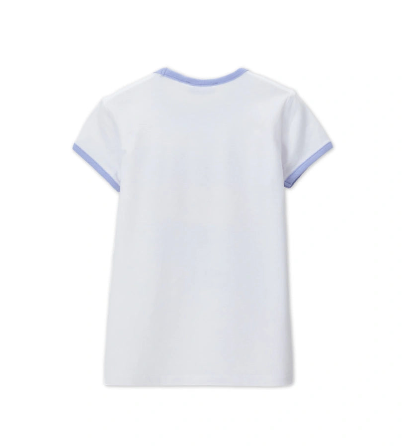 Παιδικό λευκό T-shirt για κορίτσι με τύπωμα κεράσια και γαλάζιες ριμπ λεπτομέρειες Original Marines.
