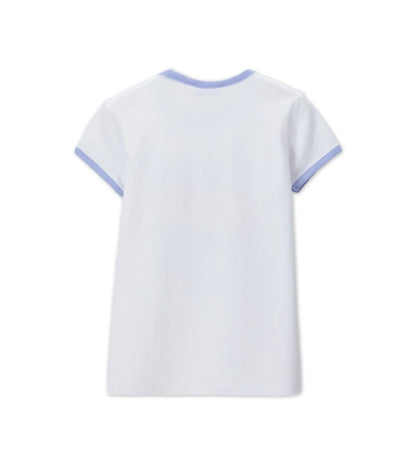 Παιδικό λευκό T-shirt για κορίτσι με τύπωμα κεράσια και γαλάζιες ριμπ λεπτομέρειες Original Marines.