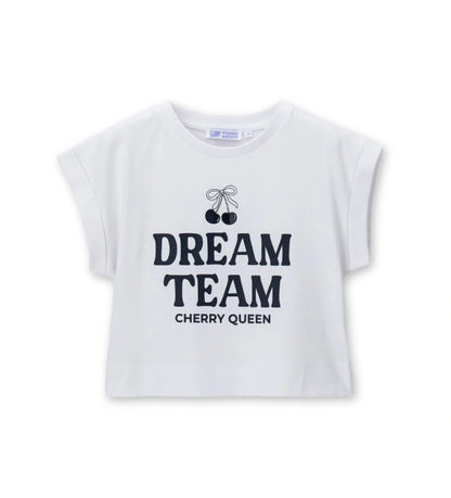 Παιδικό λευκό βαμβακερό T-shirt για κορίτσι με μοντέρνα στάμπα και ρεβέρ στα μανίκια Original Marines.