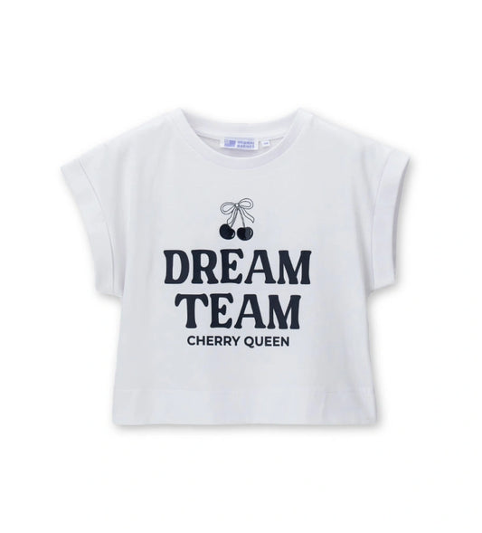 Παιδικό λευκό βαμβακερό T-shirt για κορίτσι με μοντέρνα στάμπα και ρεβέρ στα μανίκια Original Marines.