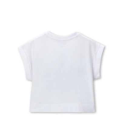 Παιδικό λευκό βαμβακερό T-shirt για κορίτσι με μοντέρνα στάμπα και ρεβέρ στα μανίκια Original Marines.