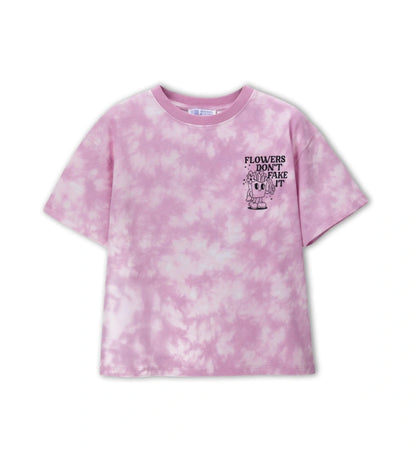 Παιδικό ροζ βαμβακερό T-shirt για κορίτσι με τύπωμα σύννεφα και relaxed fit γραμμή.