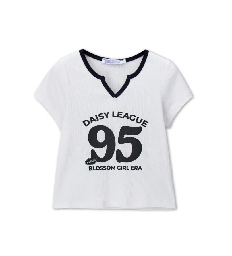 Παιδικό λευκό ριμπ T-shirt για κορίτσι με μπλε λαιμόκοψη και στάμπα Original Marines.