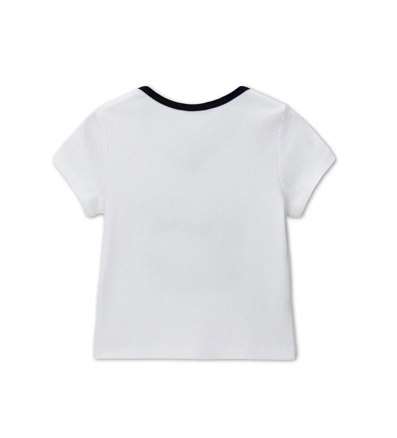 Παιδικό λευκό ριμπ T-shirt για κορίτσι με μπλε λαιμόκοψη και στάμπα Original Marines.