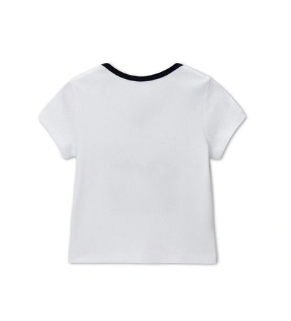 Παιδικό λευκό ριμπ T-shirt για κορίτσι με μπλε λαιμόκοψη και στάμπα Original Marines.