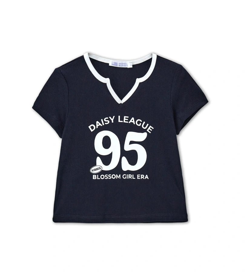 Παιδικό σκούρο μπλε ριμπ T-shirt για κορίτσι με λευκή λαιμόκοψη και στάμπα Original Marines.