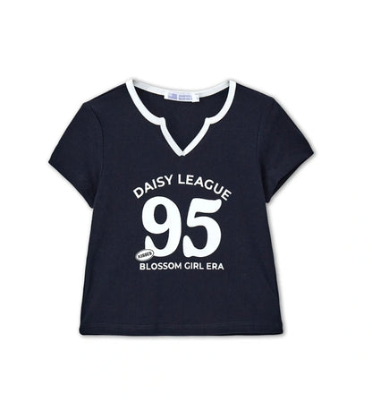 Παιδικό σκούρο μπλε ριμπ T-shirt για κορίτσι με λευκή λαιμόκοψη και στάμπα Original Marines.