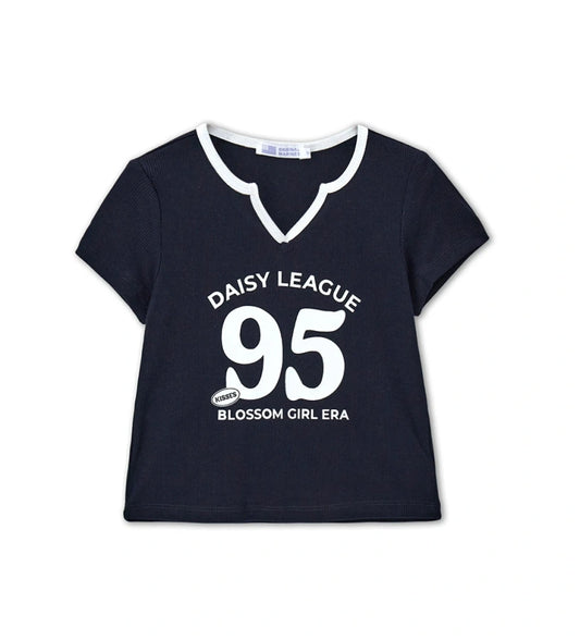 Παιδικό σκούρο μπλε ριμπ T-shirt για κορίτσι με λευκή λαιμόκοψη και στάμπα Original Marines.
