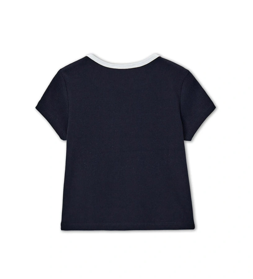 Παιδικό σκούρο μπλε ριμπ T-shirt για κορίτσι με λευκή λαιμόκοψη και στάμπα Original Marines.