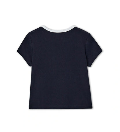Παιδικό σκούρο μπλε ριμπ T-shirt για κορίτσι με λευκή λαιμόκοψη και στάμπα Original Marines.