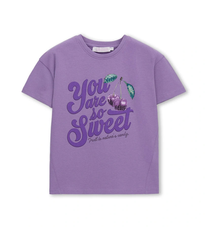 Παιδικό μωβ βαμβακερό T-shirt για κορίτσι με λαμπερό σχέδιο από στρας Original Marines.
