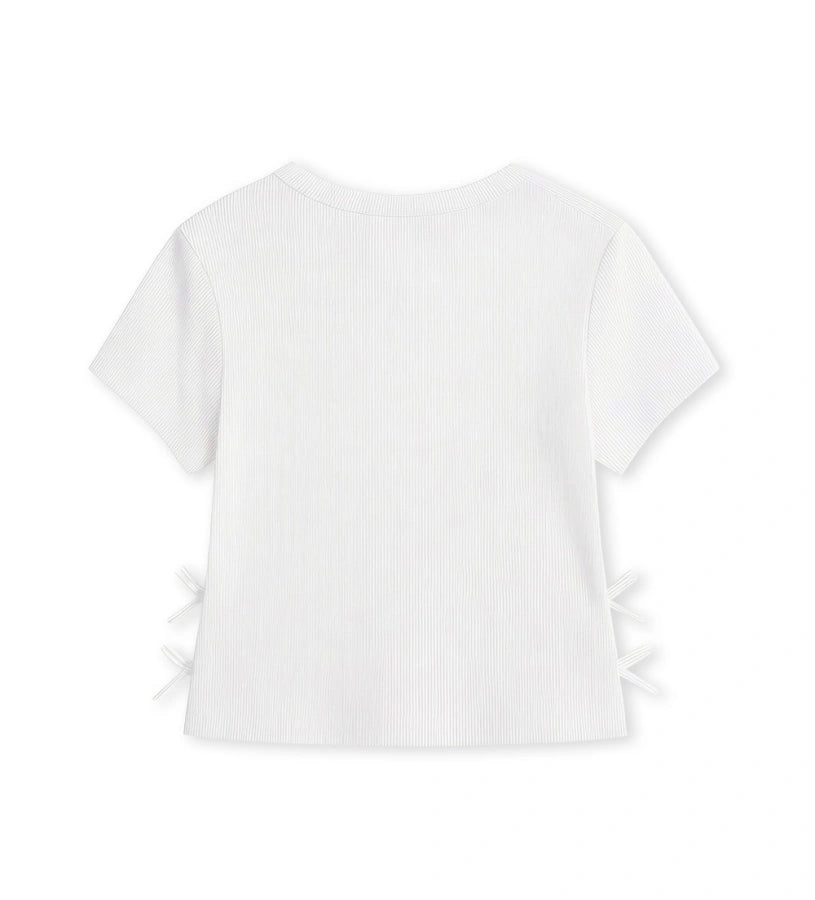 Παιδικό λευκό T-shirt για κορίτσι 5-14 ετών από ριμπ βαμβάκι με φιόγκους Original Marines.
