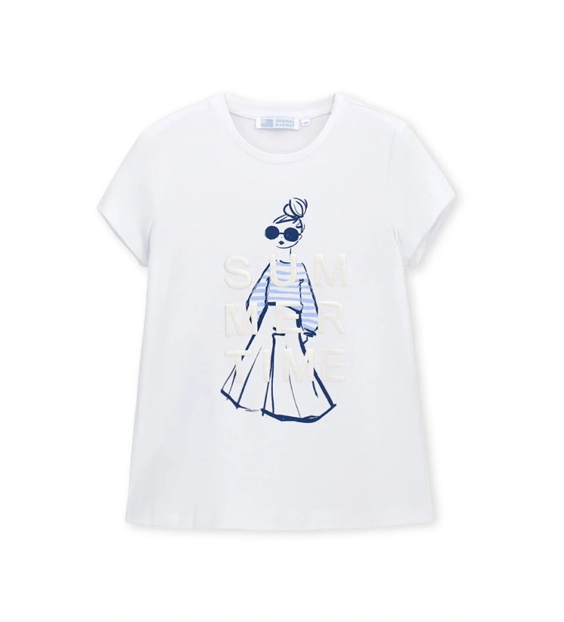 Παιδικό λευκό T-shirt για κορίτσι 5-14 ετών με τύπωμα κούκλα και glitter Original Marines.